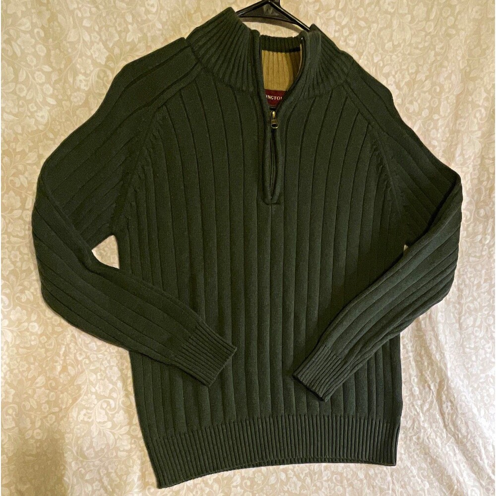 Covington Men’s L Green Rib-Knit 1/4 Zip Mock Neck Cotton Pullover Sweater